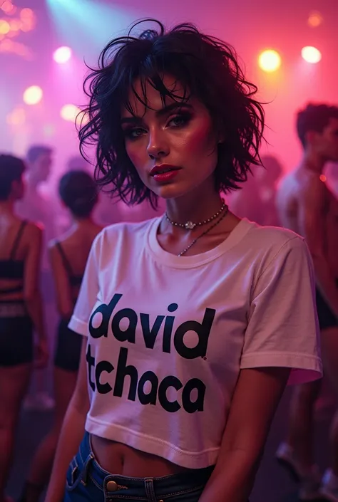  Create images of a brunette drag queen singer ,Short hair , without one of her teeth at a party with a t-shirt written DAVID TCHACA