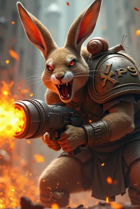 A screaming bad hare gladiator with red eyes, In fighting with a fire Gettling Gun, The fire ,   on his armor is written xp9 ,  on the shoulder a small snail. Action 