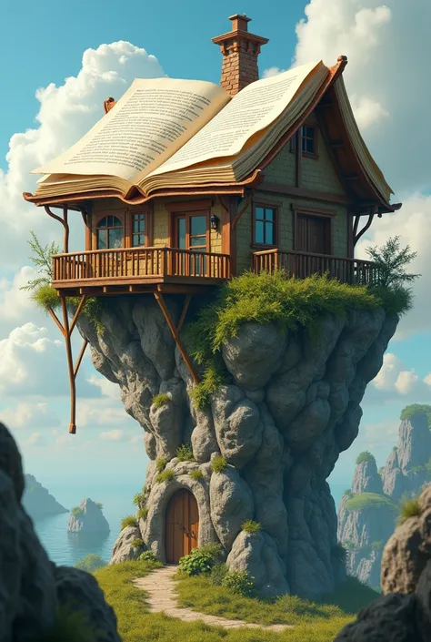 Create an image of a house whose roof is a book and is on a rock