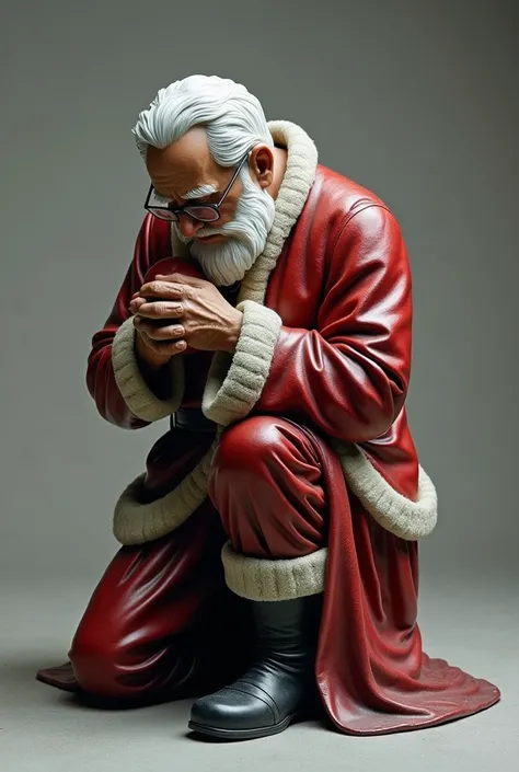 statue of a man dressed as Santa Claus without a hat on his head, Short white hair, with glasses, holding her cap close to her chest, with black boots, Genuflecting .