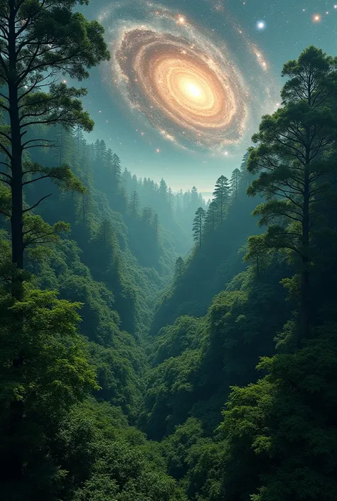 " An aerial view of a dense forest with trees covering the Earth , contrasting with a distant galaxy full of stars ,  with an artistic representation of numbers comparing the two quantities."