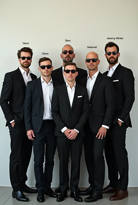  A group photo of BORGSNORG COLLECTIVE members venci, what, techno crush, jeremy winter, slam ,seasonal, Atea and Clarus pose and look at the camera and wear suits with sunglasses with their names over the inside  (All relatives are white men )