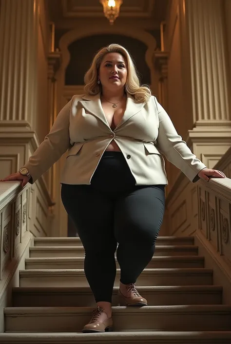 (photorealism:1.2) best quality, obese 400 pound British blonde woman walking up stairs wearing gold Rolex 