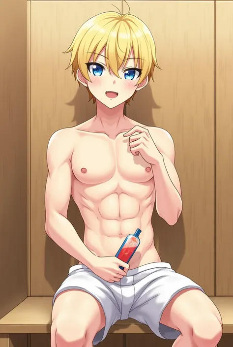 Anime, cute, small, 1boy, small , shy, blonde hair, light blue eyes, wearing nothing, naked, very muscular, overly developed muscles, soccer sport changing rooms with condoms, boy sex toys, dildos, sperm and cum background, cum, penis, cum from his penis, ...