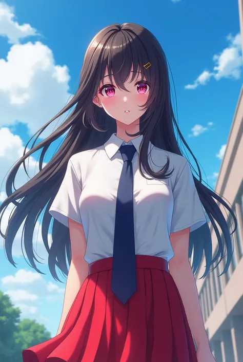 (day), at school,blue sky with clouds, 
( attention ),
negro_cable,negro neckwear,camisa blanca,_sleeves, sailor_neck, red pleated skirt, school uniform,
black hair,  pink eyes , hair muy largo,hair_between_eyes,collect,yellow_hair_Love,
 a girl, 20 years,...