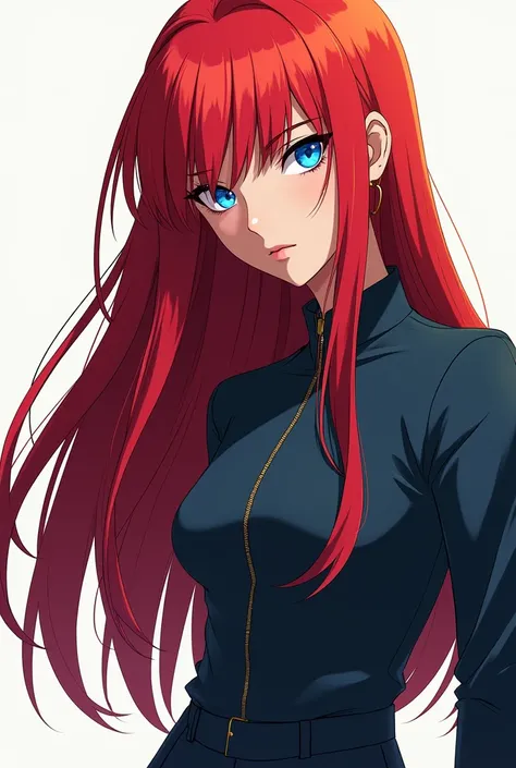  An 18-year-old girl with a models body, bright red hair and long and straight, SAPPHIRE BLUE EYES, arrogant attitude and penetrating and threatening look, dressed as a model . ( Full body photo ) ( only one person in the photo ) (My Hero Academia style dr...