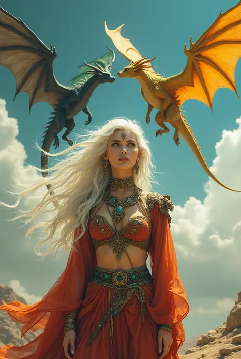  Create for me a woman with platinum hair and yellow eyes, She wears gypsy clothing and has three huge dragons that fly in the sky after her: the first dragon is black, the second is yellow and the third green