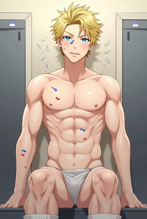 Anime, cute, small, 1boy, small , shy, blonde hair, light blue eyes, wearing nothing, naked, very muscular, overly developed muscles, soccer sport changing rooms with condoms, boy sex toys, dildos, sperm and cum background, cum, penis, cum from his penis, ...