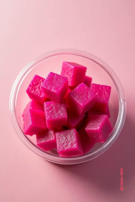 Pitahaya in cubes  ,  color pink with its CuboFruta SAS  . en un recipiente redondo de 300gramos y cuadro nutricional Pitahaya in cubes 