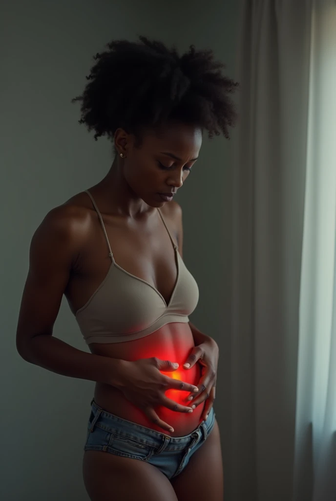 Black woman who feels pain in the pelvic area and puts her hands in her lower abdomen 