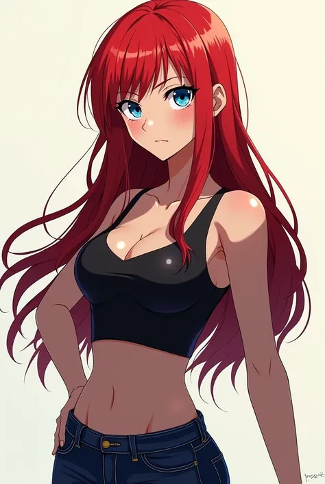  An 18-year-old girl with a models body, bright red hair and long and straight, SAPPHIRE BLUE EYES, arrogant attitude and penetrating and threatening look, dressed as a model . ( Full body photo ) ( only one person in the photo ) (My Hero Academia style dr...