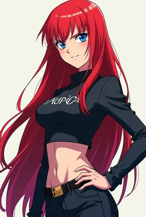  An 18-year-old girl with a models body, bright red hair and long and straight, SAPPHIRE BLUE EYES, arrogant attitude and penetrating and threatening look, dressed as a model . ( Full body photo ) ( only one person in the photo ) (My Hero Academia style dr...