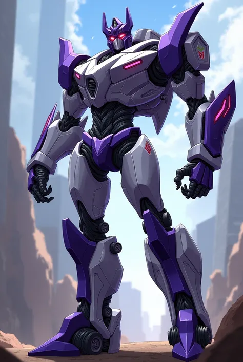 A humanoid transformer male motorbike,slender,androgynous,Purple/white, styled from a Transformers Prime drawing