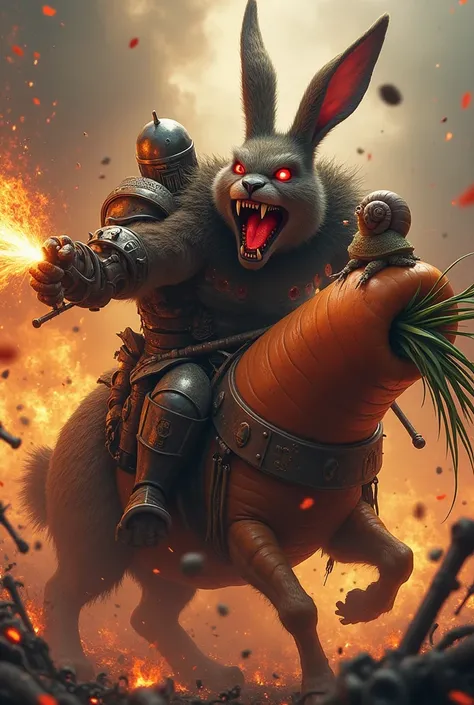  A screaming bad hare and gladiator with red eyes, In fighting with a fire Gettling Gun, The fire ,   on his armor is written xp9 ,  on the shoulder a small snail. Action, Rides on a carrot 