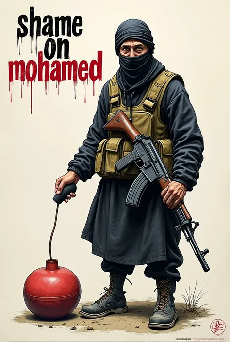 banksy stupid islam “shame on mohammed” cartoon, holding a bomb. Holding an ak 47 gun. Suicide bomber idiot, suicide vest. ‘Religion of peace’
