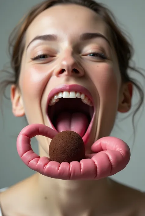 A photo of an open mouth of a woman , Stick out your tongue and tongue have long arms and hands and hug a chocolate truffle 