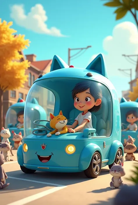 "Create a Pixar-style illustration of the Vactor ambulance. The ambulance must have a glass body and cab with a view inside. The car must be blue and modern, with a large expressive cartoon cat and girl face and eyes, and a friendly smile. It must have a k...