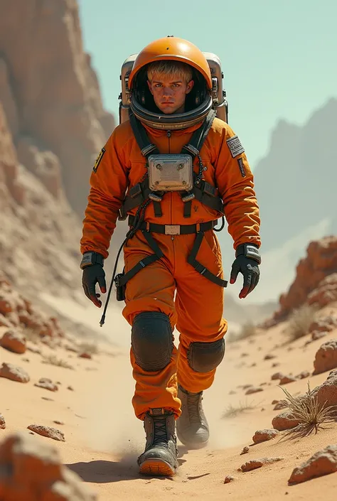 Male,human, young teenage adult, 1.68 Meters tall , 23years old, Hes wearing an Orange space suit with black Boots and black gloves gloves, has an Orange space helmet ON , Short darkblond haircut ,Green eyes , stranded ON Planet , Dessert, clothes are cove...