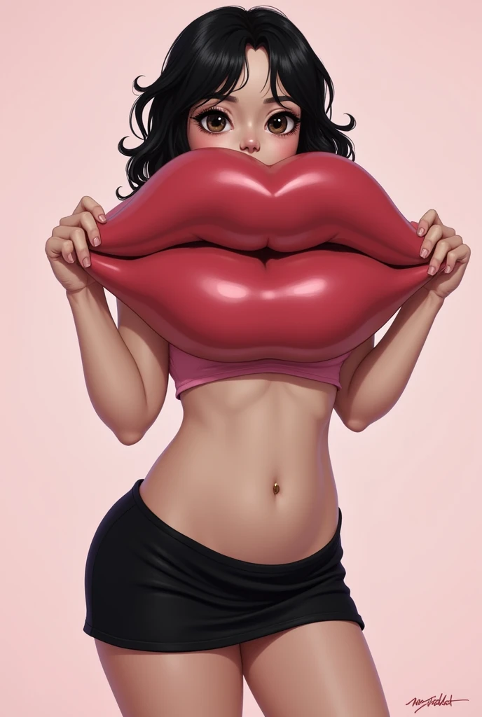 Solo femboy, mrsadbat art style, feminine body, big cock bulge, thick thighs, wide hips, puffy lips, black miniskirt, tiny pink crop top, lips that are so big they dominate the picture, enormous lips, gigantic lips, huge fake lips, they are at least 100 ti...