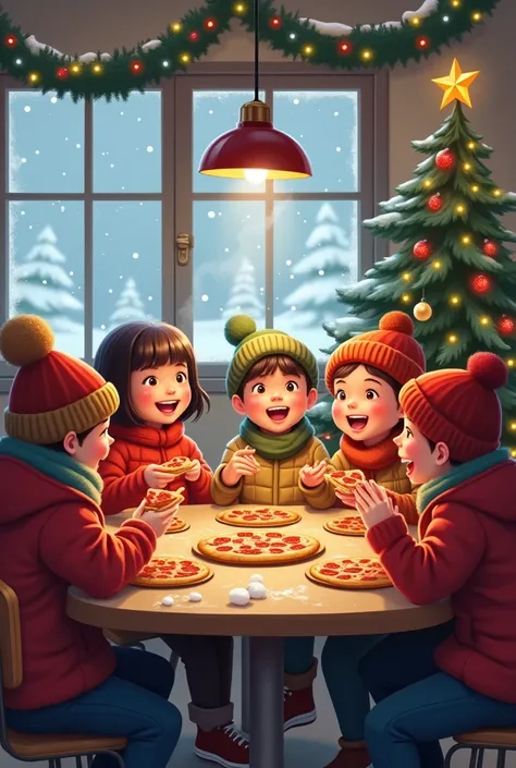 Create an image for me where elementary school students  ( between 6 and  are eating pizza at a Christmas inn inside their classroom 