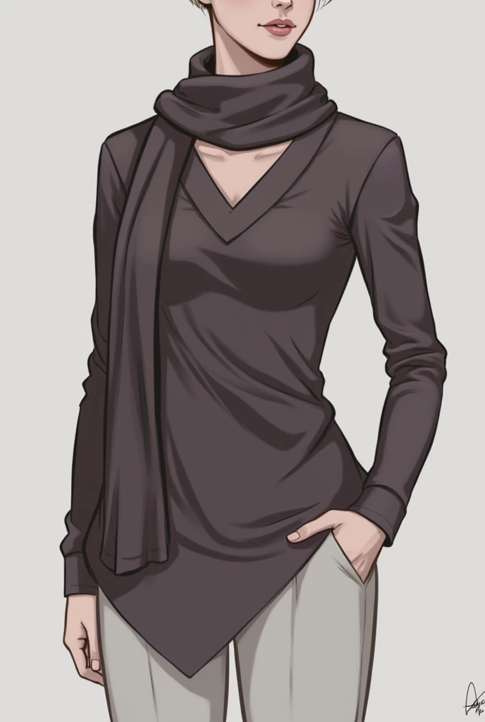 A fitted top with an asymmetric front neckline, long sleeve, with a left V-neck ,  and scarf of the same color 