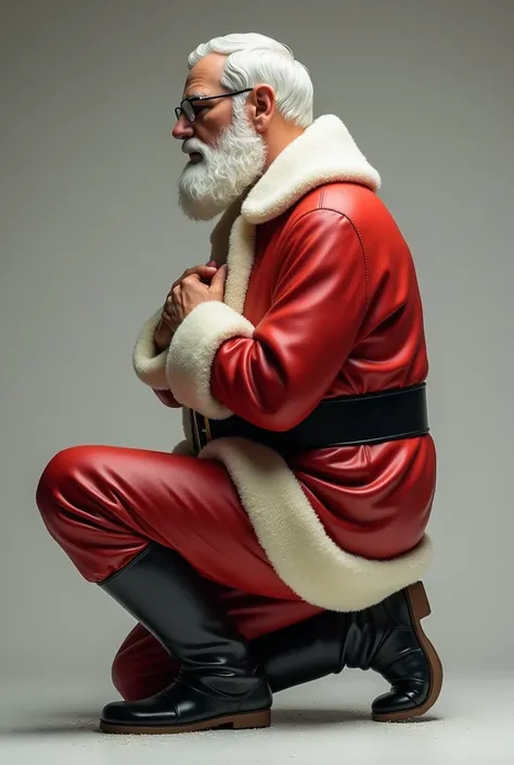 statue of a man dressed as Santa Claus without a hat on his head, With your hand to your chest, Short white hair, with glasses, with black boots, Genuflecting .