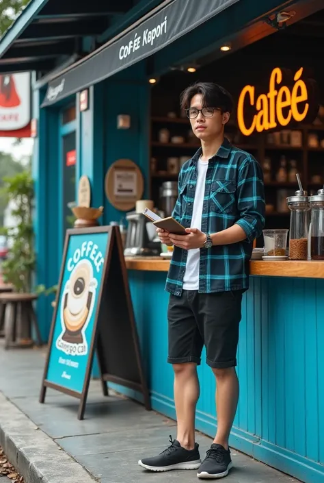 Cafee coffee shop on the roadside with an aesthetic blue color design Inside the stall there is a variety of coffee in front of the stall there is a standing advertisement with monggo cah writing with embossed writing that is printed very clearly with a co...