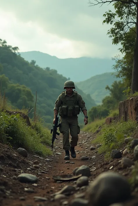 Wartime landscapes of Nicaragua with a soldier walking 