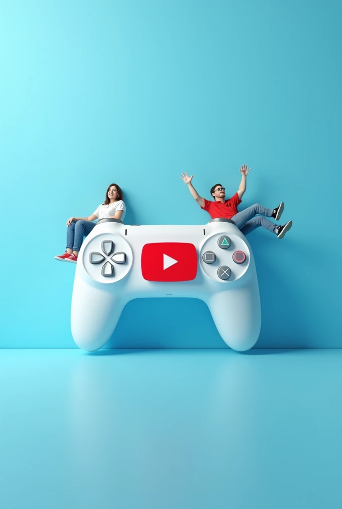 A YouTube logo in which the background is completely sky blue and has a joystick with white edges and two friends 