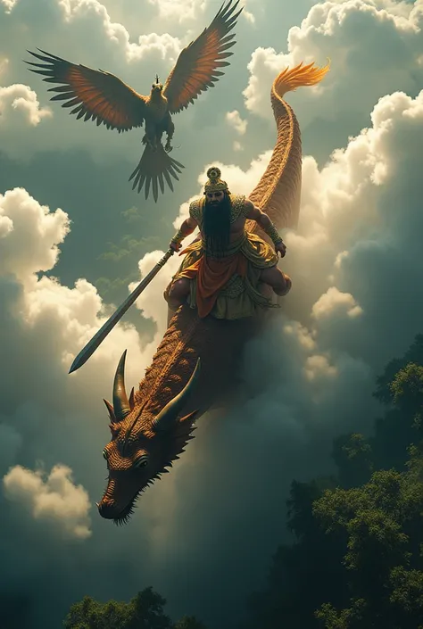 Top view of evil daemon king Raavan riding his dragon through clouds above forest. Raavan is napping hermitess Sita who is seated behind him. Raavan, the magical daemon, has ten heads on his neck, each with a thick moustache and golden crown. Raavan is in ...