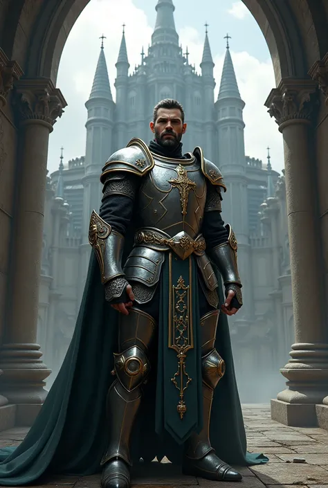 A paladin from gothic series standing in front of castle