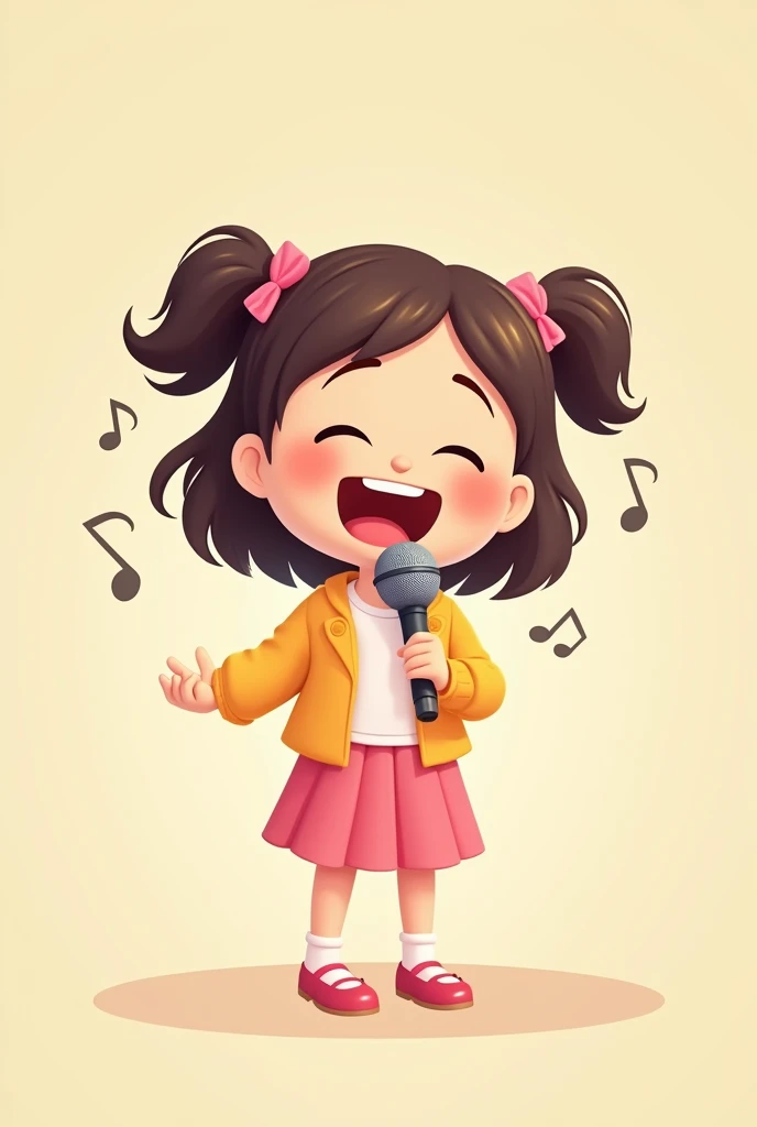 A pretty cute cartoon girl (not anime) singing happily wearing decent pastel colourful attire and a mic on her hands. Need the full body image not a half.