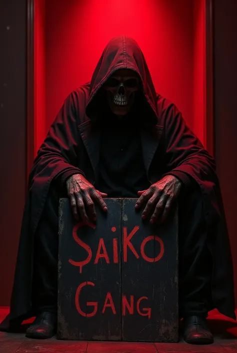 Sathan in dark room and it has red light 
His handed bourd and it wright saiko gang