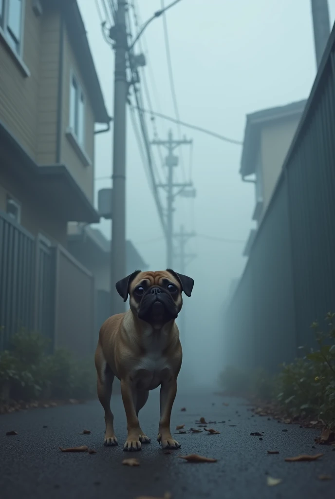  Japanese residential area shrouded in morning fog 、  A bug occurred in part of the partition wall under construction, And black hands are stretched out .、 shortcut with surprised face nearby _ young high school girl wearing glasses 、 mixed dog with a pug ...