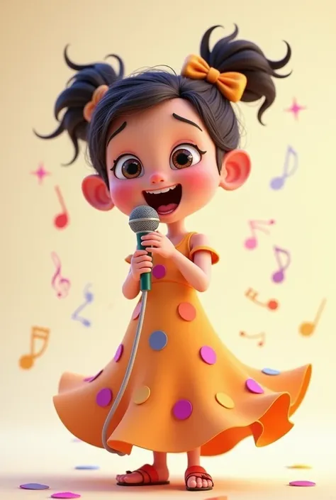 A pretty cute 3d cartoon girl (not anime) singing happily wearing long decent pastel colourful attire and a mic on her hands. Need the full body image not a half.