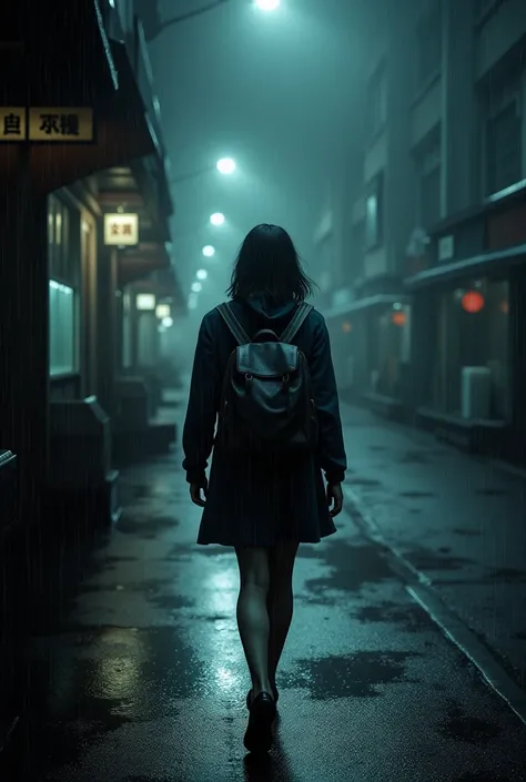 (photorealism:1.2),  A dimly lit street, rain falling. A shadowyfemale
 figure walks alone, head down, carrying a backpack
