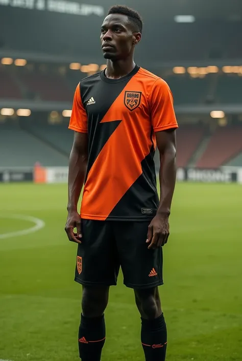 Visualize soccer uniform with the colors black, orange and white