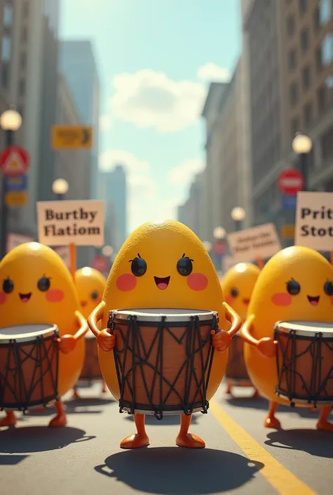 Eggs drawn with posters in hand and marching drums 