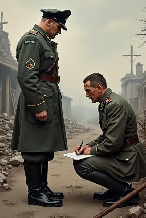 german soldier ww2 signs capitulation infront soviet soldier