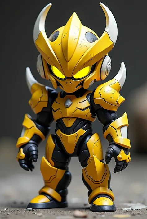 An Umbrax collectible chibi doll ,  shown completely from the front in a fixed and dominant pose . . Its armor is predominantly yellow ,  with striking details in white and black that are integrated to reinforce its imposing and terrifying presence.  The a...