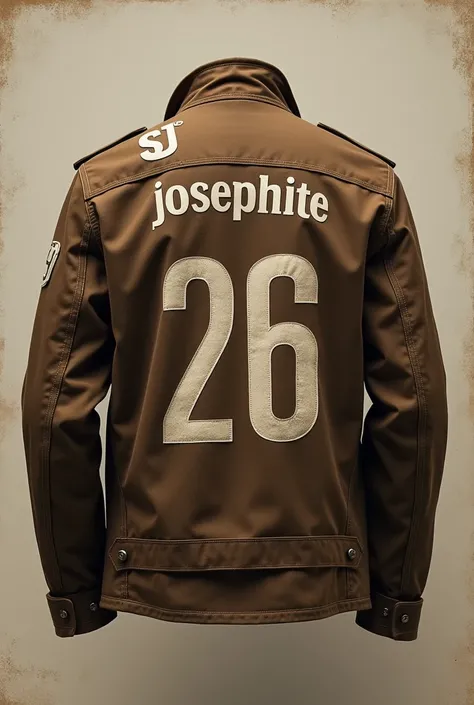 A brown cotton jacket 
In front left side up there is "SJ" written boldly as a logo
On the back its written "JOSEPHITE" and under this its written bodly "26"
