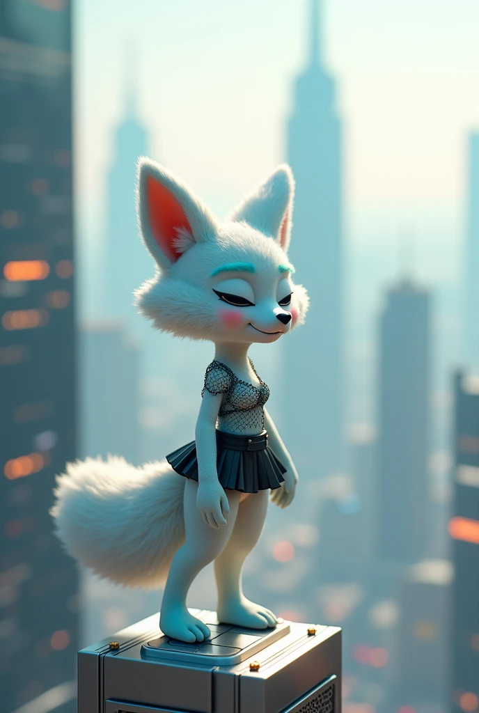 Make a 3 D fox in white and light blue with a net blouse and a black sort on the side of an internet tower with a city in the back