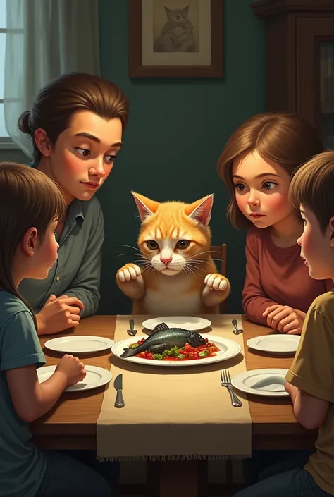 Poor cat,eating fish,on table with family 