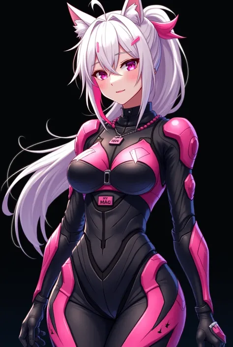 Pitch black background, adult anime girl with long white hair and pink highlights in a ponytail, along with cat ears. Standing in a playful, confident pose. She wears spartan armor from the halo games. The armor js black with pink highlights. Big chest, an...