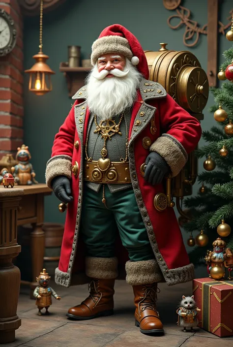 Steampunk Santa Claus with steampunk toys next to a steampunk Christmas tree 