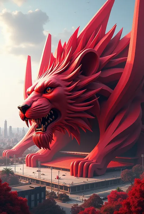 Football Stadium 
is made up with an appearance lion and painted red colour as a primary color and a little of white color 
