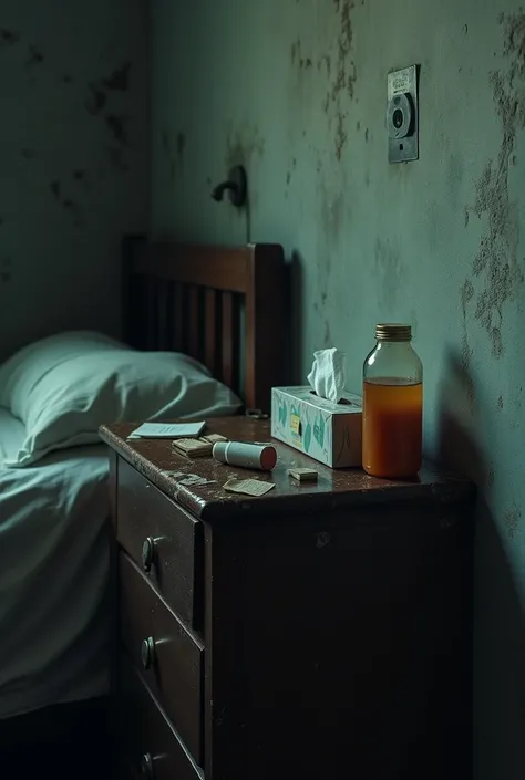  A room with a wall with traces of moisture and mold .  You can see a nightstand with toilet paper on it , pills and an inhaler .