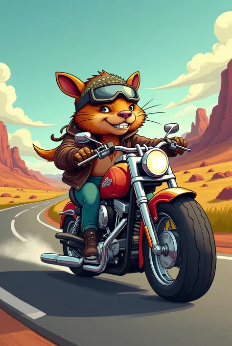 Capybara female biker riding a Harley Davidson,All in cartoon 