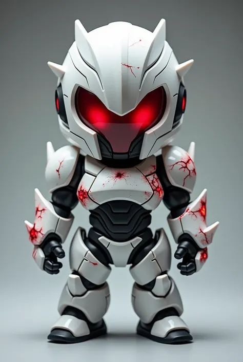  A collectible chibi doll from Nexor ,  shown completely from the front in a fixed and dominant pose .  Its armor is predominantly white ,  with gray and black details that accentuate its intimidating presence .  Symbiotic elements of chaos in vibrant red ...