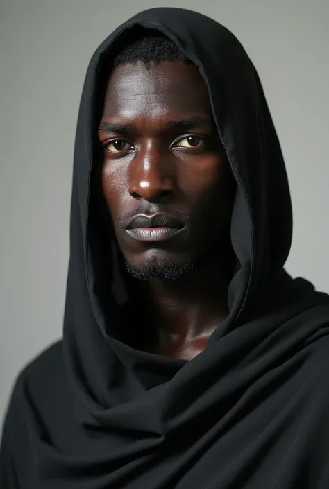 An African man with almost black skin without a beard wears the hijab of women
